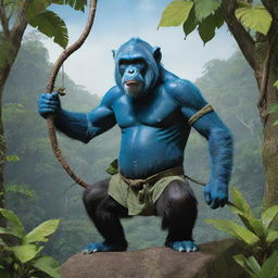 A skillful monkey ninja with a sharp bow, perched atop a gargantuan blue and green elephant against a tropical jungle background.