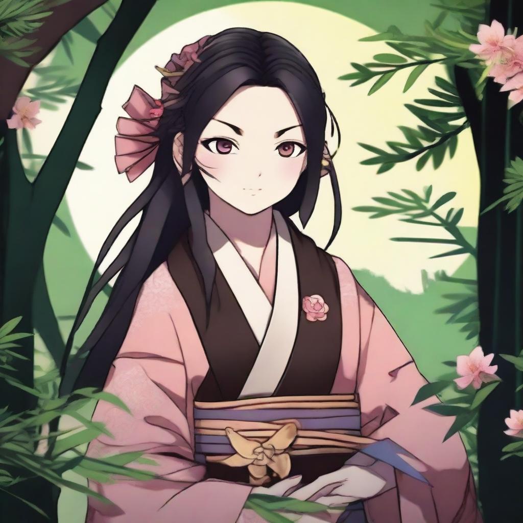 Create an image of Nezuko Kamado from Demon Slayer, showcasing her in her demon form with her signature bamboo muzzle and traditional kimono