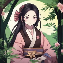 Create an image of Nezuko Kamado from Demon Slayer, showcasing her in her demon form with her signature bamboo muzzle and traditional kimono