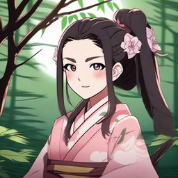 Create an image of Nezuko Kamado from Demon Slayer, showcasing her in her demon form with her signature bamboo muzzle and traditional kimono