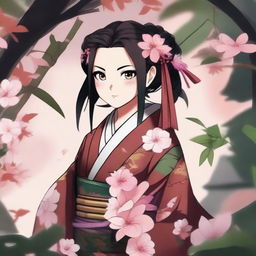 Create an image of Nezuko Kamado from Demon Slayer, showcasing her in her demon form with her signature bamboo muzzle and traditional kimono