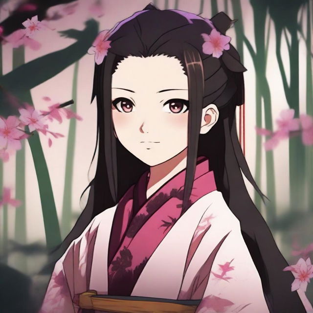 Create an image of Nezuko Kamado from Demon Slayer, showcasing her in her demon form with her signature bamboo muzzle and traditional kimono