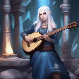 A female dwarven musician with dark blue skin, white hair, and blue eyes