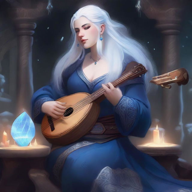 A female dwarven musician with dark blue skin, white hair, and blue eyes