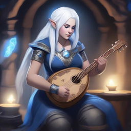 A female dwarven musician with dark blue skin, white hair, and blue eyes