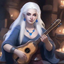 A female dwarven musician with dark blue skin, white hair, and blue eyes