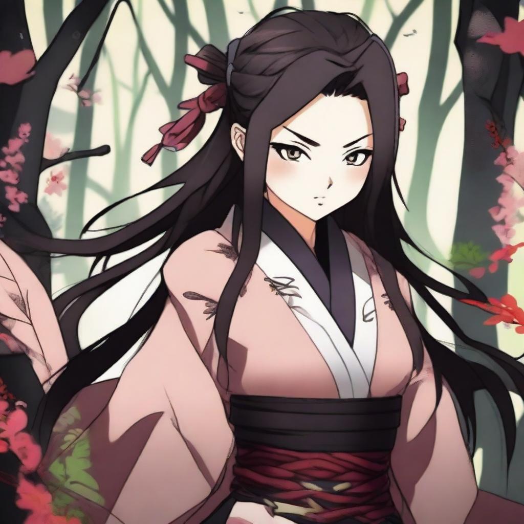 Create an image of Nezuko Kamado from Demon Slayer in her demon form, showcasing her fierce determination and unique abilities