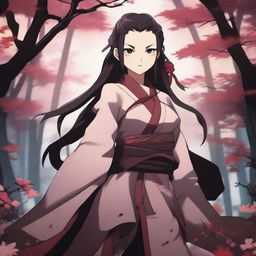 Create an image of Nezuko Kamado from Demon Slayer in her demon form, showcasing her fierce determination and unique abilities