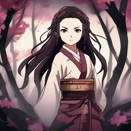 Create an image of Nezuko Kamado from Demon Slayer in her demon form, showcasing her fierce determination and unique abilities