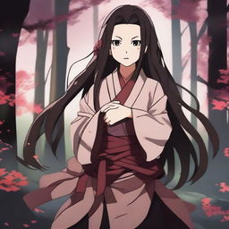 Create an image of Nezuko Kamado from Demon Slayer in her demon form, showcasing her fierce determination and unique abilities