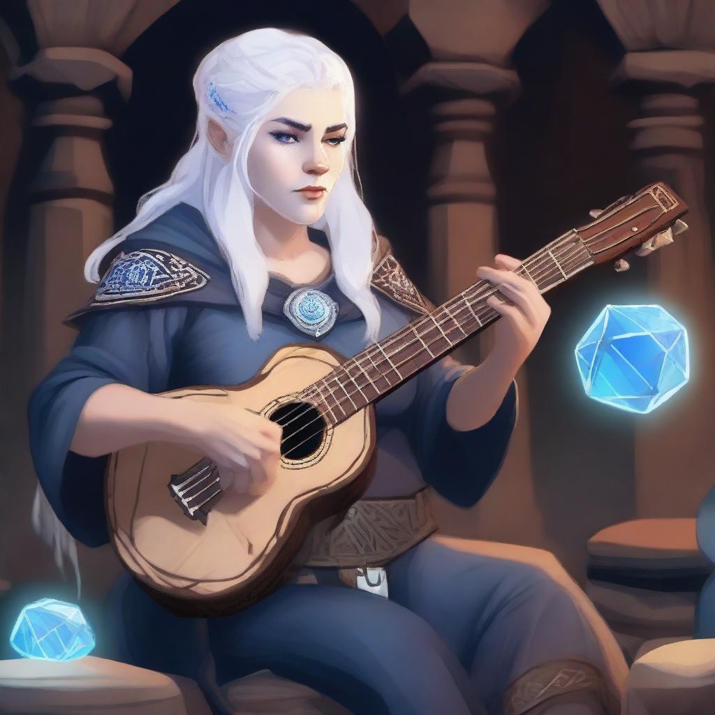 A female dwarven musician with dark blue skin, white hair, and blue eyes