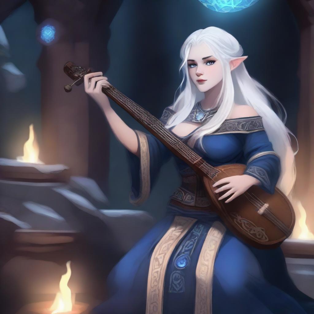 A female dwarven musician with dark blue skin, white hair, and blue eyes