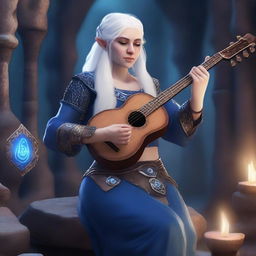 A female dwarven musician with dark blue skin, white hair, and blue eyes