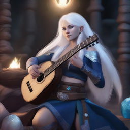 A female dwarven musician with dark blue skin, white hair, and blue eyes