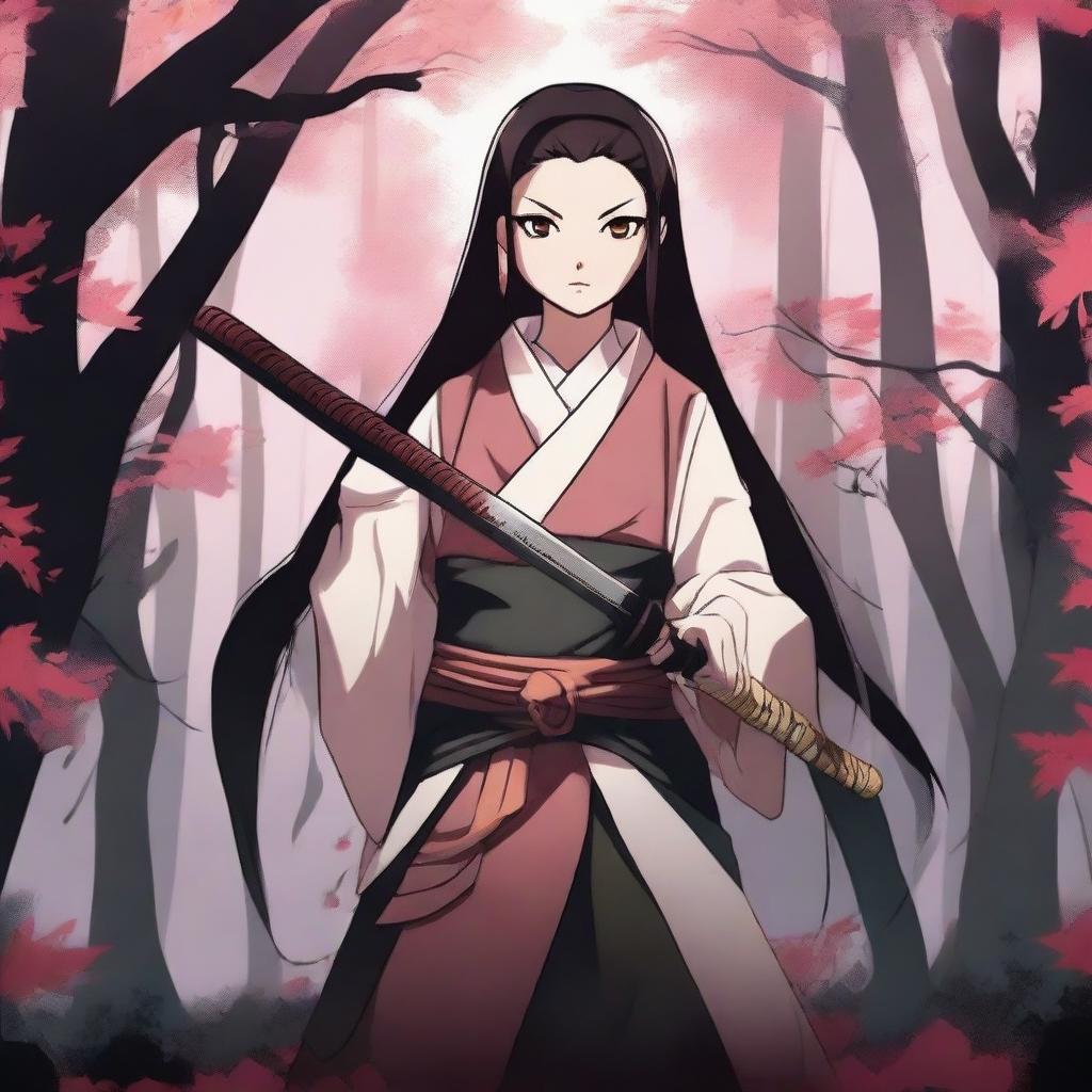 Create an image of Nezuko Kamado from Demon Slayer in her demon form, holding a katana with a fierce expression