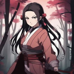 Create an image of Nezuko Kamado from Demon Slayer in her demon form, holding a katana with a fierce expression