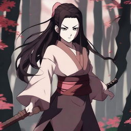 Create an image of Nezuko Kamado from Demon Slayer in her demon form, holding a katana with a fierce expression