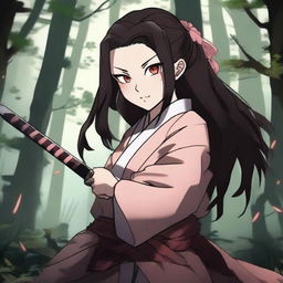 Create an image of Nezuko Kamado from Demon Slayer in her demon form, holding a katana with a fierce expression