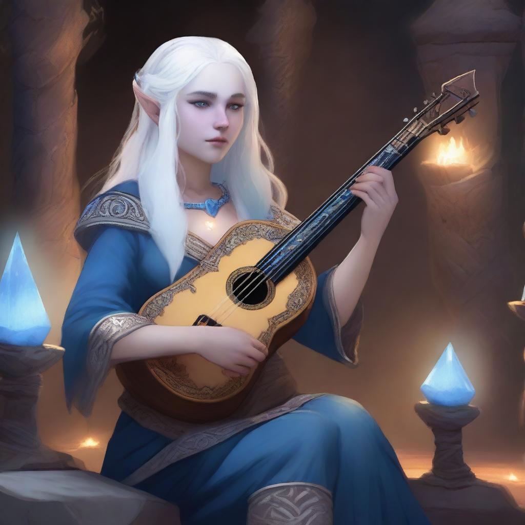 A female dwarven musician with blue skin, white hair, and blue eyes