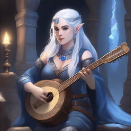 A female dwarven musician with blue skin, white hair, and blue eyes