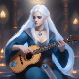 A female dwarven musician with blue skin, white hair, and blue eyes