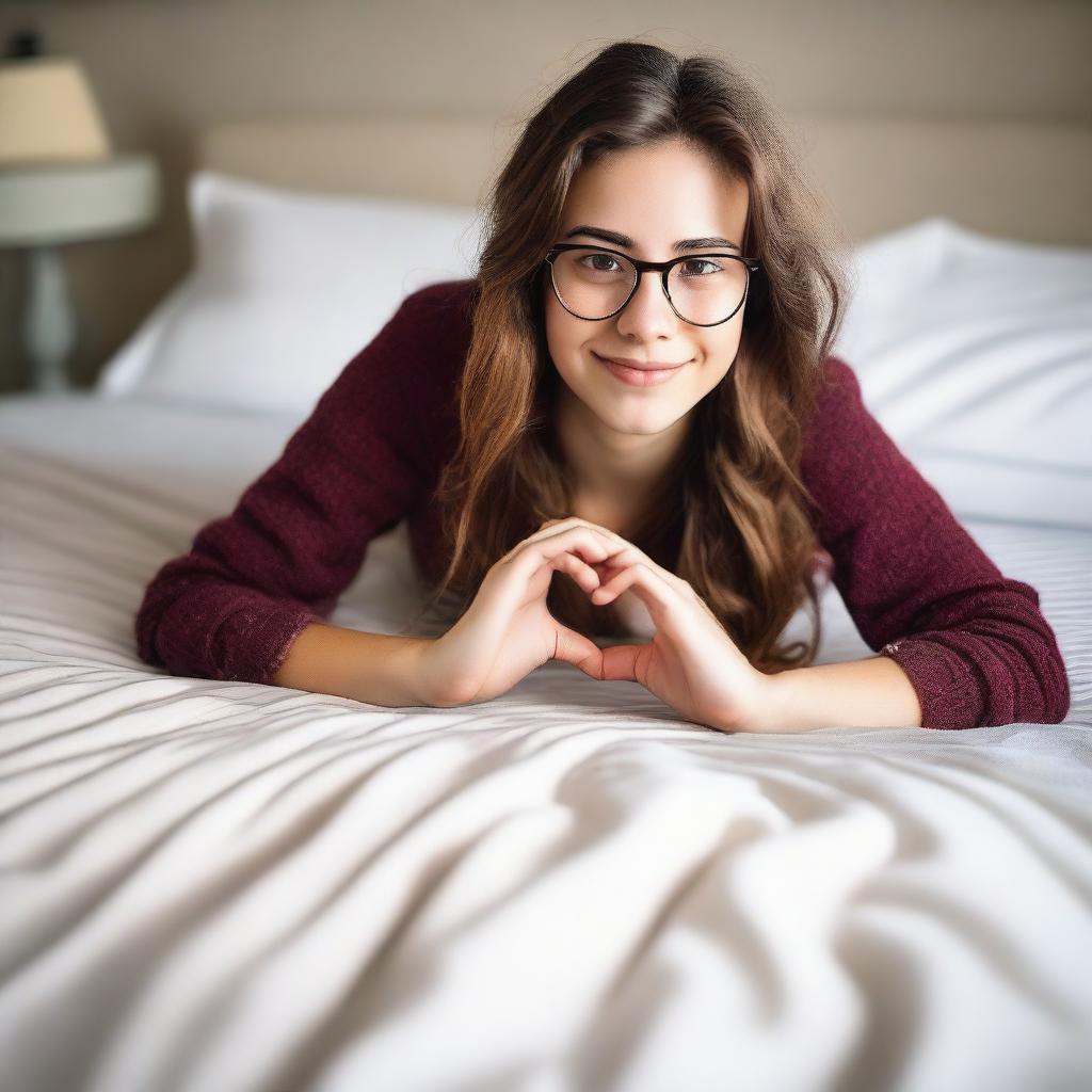 A realistic 21-year-old college girl with cute glasses and brown hair