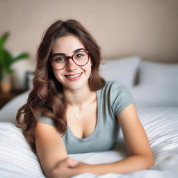 A realistic 21-year-old college girl with cute glasses and brown hair