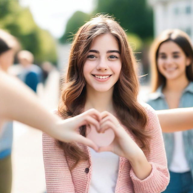 A realistic 21-year-old college girl with blush and brown hair