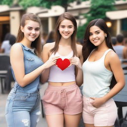 A realistic image of a 21-year-old college girl with blush and brown hair, making a heart with her hands and showing it to the camera