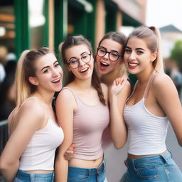 A realistic image of a 21-year-old college girl with blush and brown hair, posing in front of a restaurant with two other girls