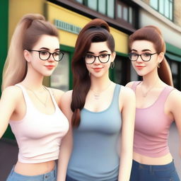 A realistic image of a 21-year-old college girl with blush and brown hair, posing in front of a restaurant with two other girls