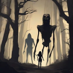 A terrifying scene where Siren Head is chasing a person through a dark, eerie forest