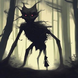 A terrifying scene where Siren Head is chasing a person through a dark, eerie forest