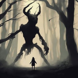 A terrifying scene where Siren Head is chasing a person through a dark, eerie forest