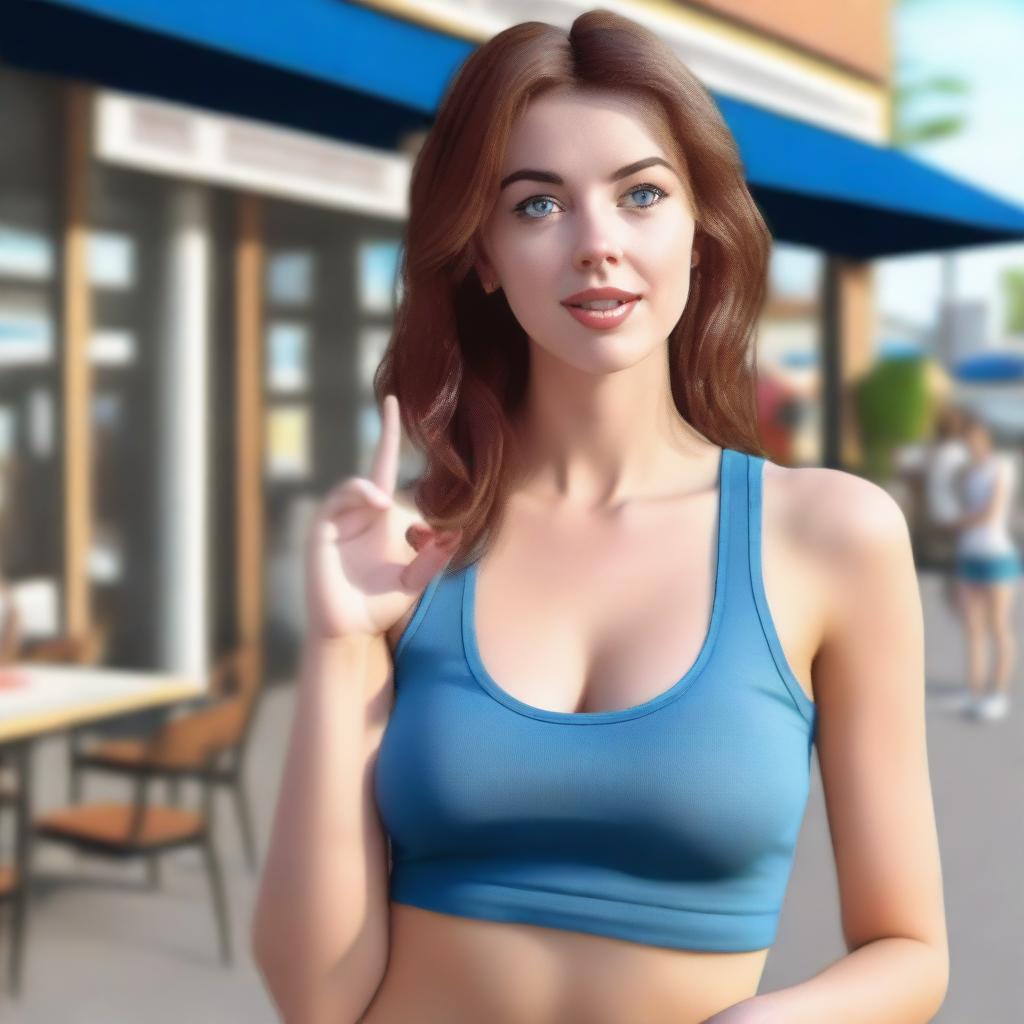 A realistic depiction of a young woman with brown hair and blue eyes standing in front of a restaurant