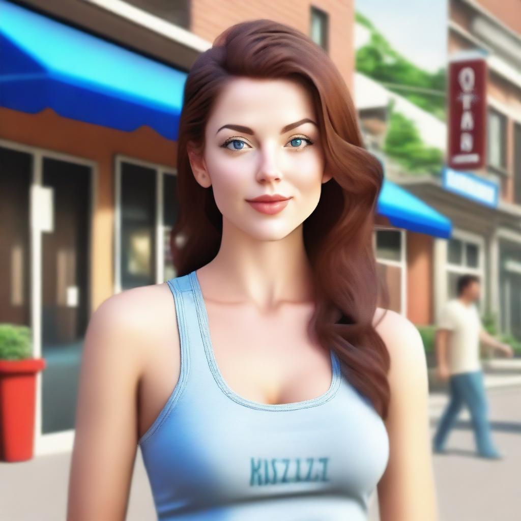 A realistic depiction of a young woman with brown hair and blue eyes standing in front of a restaurant