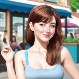 A realistic depiction of a young woman with brown hair and blue eyes standing in front of a restaurant