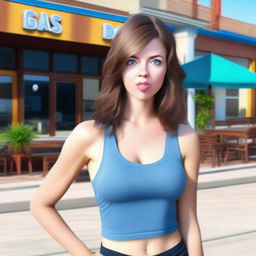 A realistic depiction of a young woman with brown hair and blue eyes standing in front of a restaurant