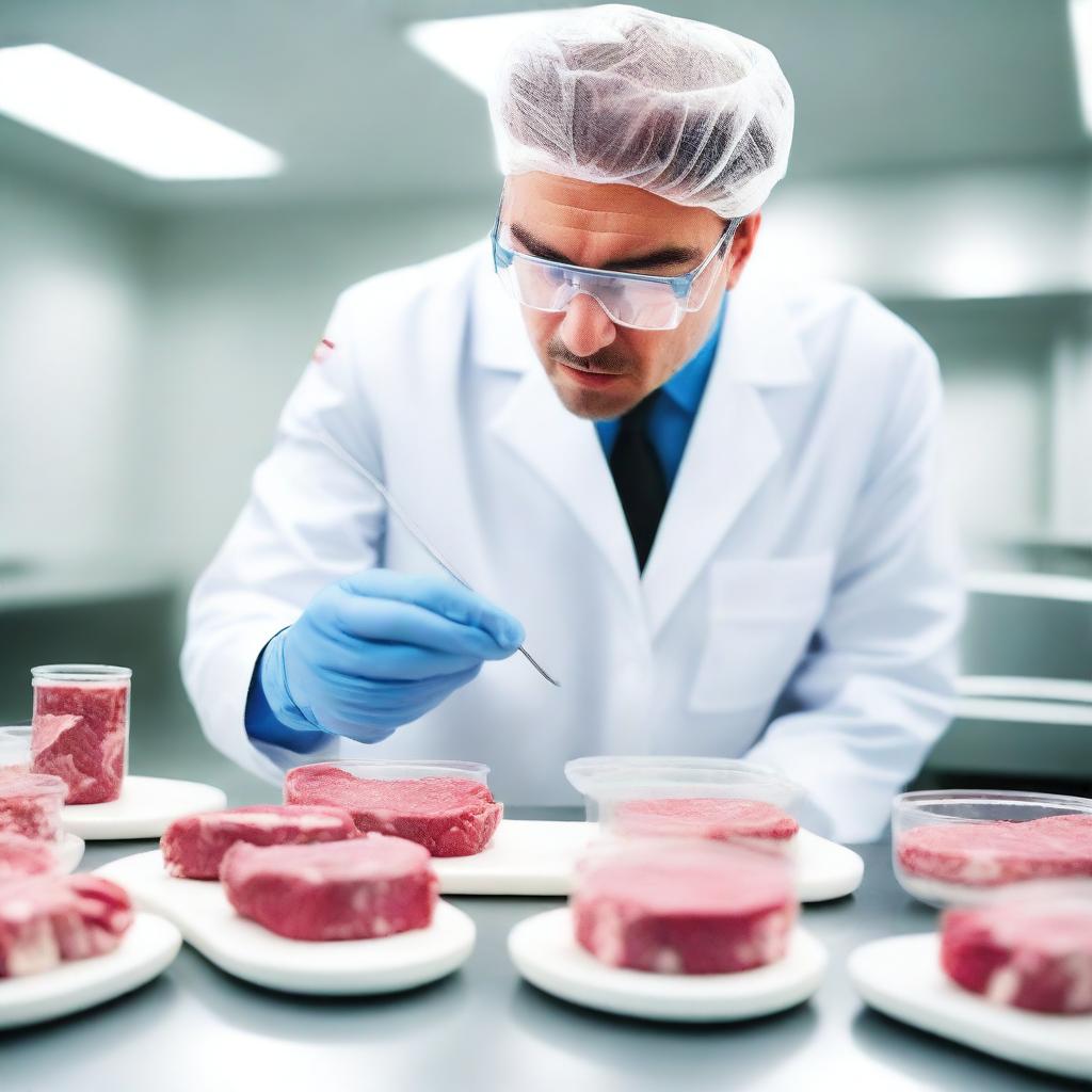 A scientist in a white lab coat and safety goggles is carefully inspecting a sample of lab-grown meat