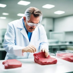 A scientist in a white lab coat and safety goggles is carefully inspecting a sample of lab-grown meat