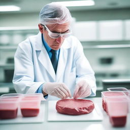 A scientist in a white lab coat and safety goggles is carefully inspecting a sample of lab-grown meat