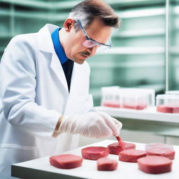 A scientist in a white lab coat and safety goggles is carefully inspecting a sample of lab-grown meat