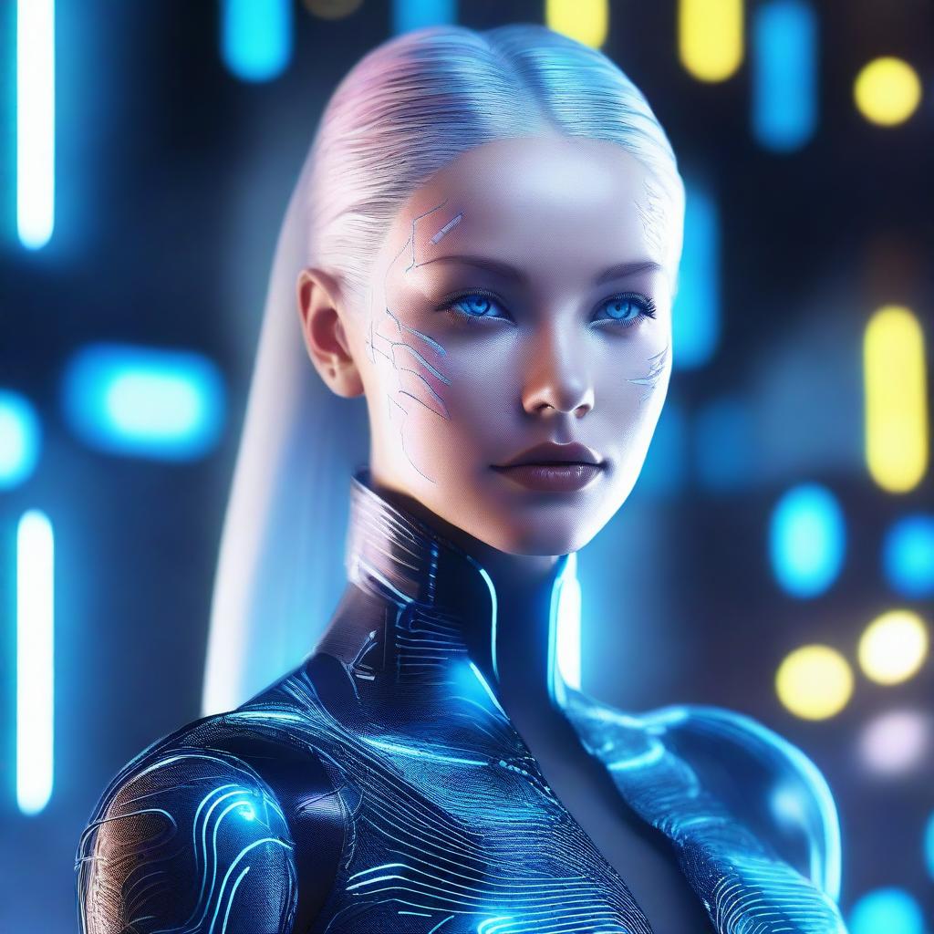 A stunning, futuristic AI woman with glowing circuitry patterns on her skin, sleek metallic hair, and piercing blue eyes