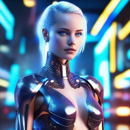 A stunning, futuristic AI woman with glowing circuitry patterns on her skin, sleek metallic hair, and piercing blue eyes