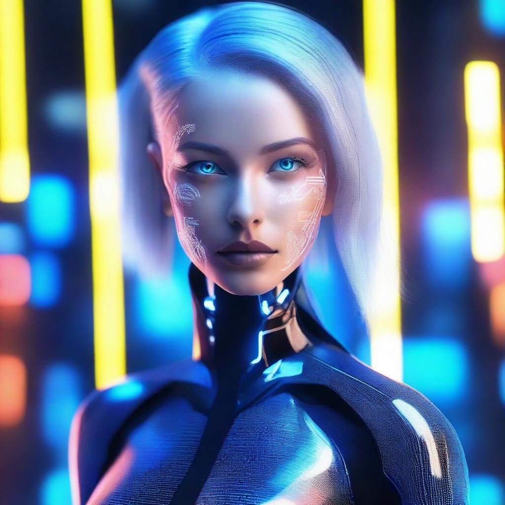 A stunning, futuristic AI woman with glowing circuitry patterns on her skin, sleek metallic hair, and piercing blue eyes