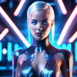 A stunning, futuristic AI woman with glowing circuitry patterns on her skin, sleek metallic hair, and piercing blue eyes