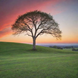 A serene sunrise over a beautiful green landscape with a lone, tall tree in the foreground and a crimson and orange sky.