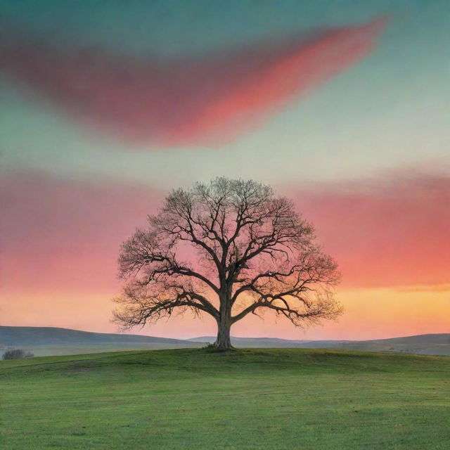 A serene sunrise over a beautiful green landscape with a lone, tall tree in the foreground and a crimson and orange sky.