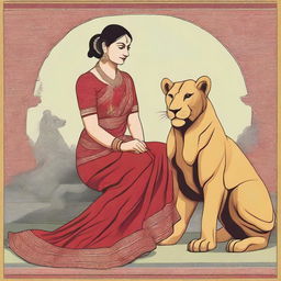 A 35-year-old woman wearing a sari around her waist, with a red blouse that accentuates her chest, sitting on a lion