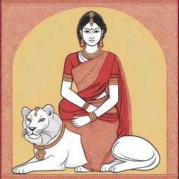 A 35-year-old woman wearing a sari around her waist, with a red blouse that accentuates her chest, sitting on a lion